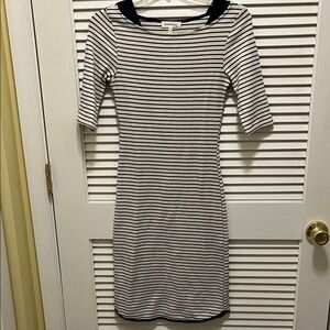 Monteau Black & White Striped Boatneck Midi Dress with Contrast Collar